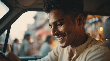 A young man with neatly styled black hair and a cream shirt smiles while setting the GPS in his car. The bustling city market is visible through the windows, adding a vibrant backdrop.の素材