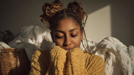 A young woman with natural braids and a yellow knit sweater inhales the fresh scent of a white sweater from a laundry basket, creating a cozy domestic atmosphere.の素材
