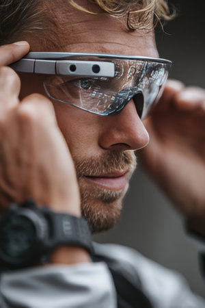 Close-up of a male runner adjusting his smartglasses and smartwatch, showcasing modern tech accessories in sharp detail. The image highlights the integration of technology in fitness.の素材