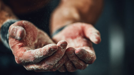 Close-up image of a weightlifter chalking hands before a pre-competition session. Focus on muscular hands, raw texture, and chalk dust, highlighting preparation and strength.の素材