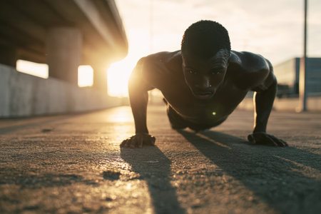 A muscular man performs push-ups on a concrete surface in an urban setting. The early morning light casts long shadows, highlighting his focused and intense expression.の素材