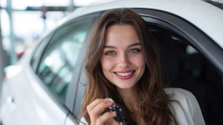 A young woman with long wavy brown hair smiles brightly as she receives car keys through the window of a white car in a dealership setting, captured in a cinematic style.の素材