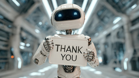A white android with an expressive face holds a thank you sign in a futuristic office hallway. The scene is set in a cinematic sci-fi mood with high-resolution digital art and soft glow.の素材