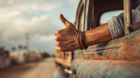 A hand with medium brown skin and a leather bracelet gives a thumbs-up from an old pickup truck window, driving along a rustic farm road under a warm country sky.の素材