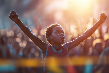 A young athlete crosses the finish line with arms raised in triumph, sweat on face, and joy in eyes. The golden light and blurred crowd create a dramatic and inspiring scene.の素材