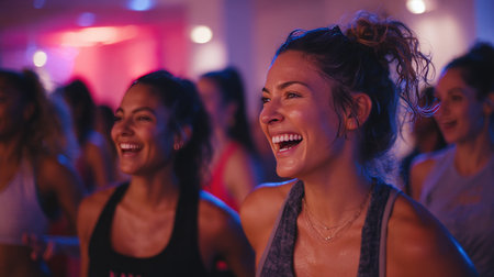 A group of women laughing and moving energetically during a Zumba session. The vibrant lighting and dynamic atmosphere highlight the shared wellness and joy of the activity.の素材