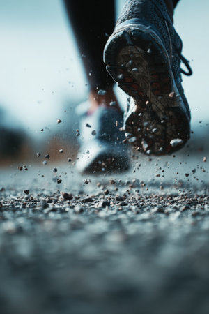 Close-up of running shoes kicking off from asphalt, capturing motion and energy. Small stones scatter dynamically, with a shallow depth of field emphasizing movement.の素材
