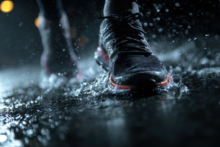 Dynamic close-up of running shoes hitting wet pavement at night, with water splashing and light reflecting off the asphalt, creating a moody and energetic atmosphere.の素材