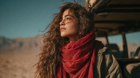 A young woman with long wavy hair and olive skin stands by her off-road vehicle, wearing a red scarf and jacket. She gazes at desert mountains under warm sunlight, creating a cinematic scene.の素材