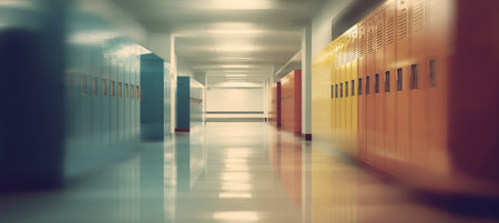 Blurred image of a school hallway featuring colorful lockers and soft lighting. The scene is minimal and clean, with large negative space in the center ideal for overlay text.の素材
