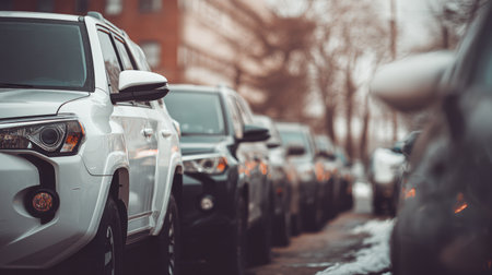 A white SUV is parked among a row of darker vehicles, highlighting its clean design and reflective details. Captured in soft daylight tones, this image emphasizes lifestyle automotive photography.の素材