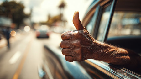An elderly man's hand with visible veins gives a thumbs-up from a classic Cadillac window on a busy city boulevard, capturing a golden retro vibe and vintage atmosphere.の素材