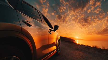 A blue modern SUV stands on a coastal road during sunset, with a fiery orange sky reflecting on its surface. Captured in cinematic travel photography style with sharp detail.の素材