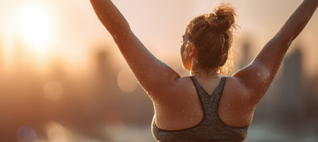 A curvy woman raises her arms in victory, celebrating post-run success. Her face glistens with sweat against a city skyline backdrop at sunrise, symbolizing achievement and empowerment.の素材