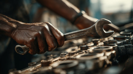 Close-up of a mechanic's hand using a wrench to adjust car engine components in a workshop. Captured in natural daylight, highlighting the intricate details of the task.の素材