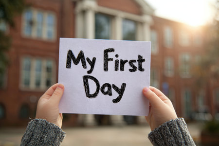 Close-up of a child's hands holding a "My First Day" sign with a blurred school building in the background. The image features a soft depth of field and a realistic style.の素材