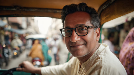A middle-aged man with glasses, wearing a light cream kurta, happily drives through a bustling Indian marketplace. The vibrant street life is visible in the background.の素材