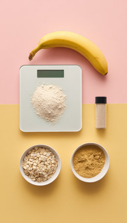 A flat lay image featuring a digital kitchen scale, oats, banana, and pre-workout powder mix. Ideal for fitness nutrition content, arranged on a pastel pink and yellow background.の素材