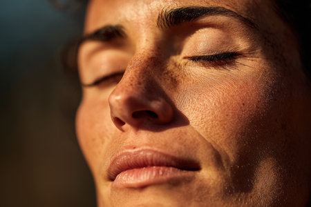 A serene close-up portrait of a woman meditating with her eyes closed, bathed in sunlight. Her calm expression is highlighted against a softly blurred natural background.の素材