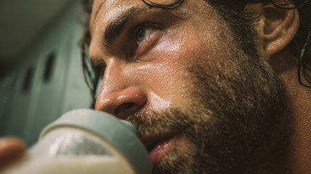 Close-up of a muscular man drinking a post-workout protein shake in a gym locker room. Sweat glistens on his forehead under natural lighting, capturing a moment of fitness recovery.の素材