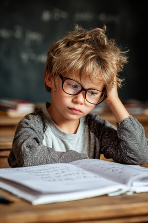 A young boy wearing glasses sits at a desk in a classroom, focused on solving math problems in a workbook. The setting is educational, with a realistic and concentrated expression.の素材