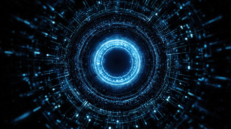 A cinematic 3D rendering of a circular AI core, emitting radiant blue light with intricate glowing circuit lines, showcasing a high-tech artificial intelligence interface in a sci-fi concept.の素材
