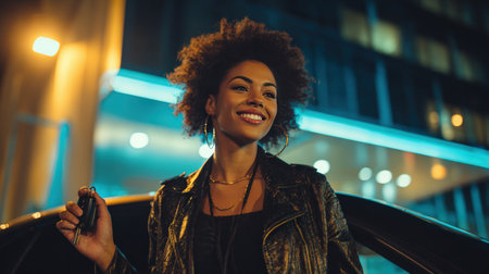 A young woman with an afro hairstyle and leather jacket smiles while holding car keys in a luxury car. The background features a modern cityscape illuminated by neon lights.の素材
