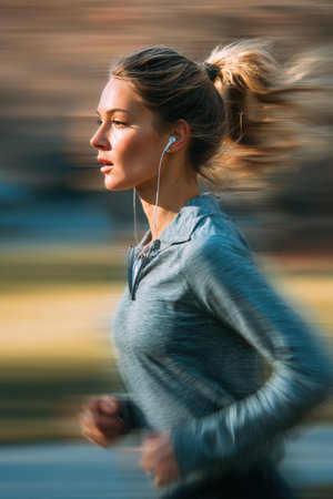 A woman is captured mid-stride during a tempo run in a suburban park. She wears headphones and exhibits deep concentration, with motion blur enhancing the sense of speed.の素材