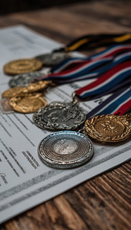 A flat lay image showcasing medals and certificates on a wooden gym floor, symbolizing youth competitions and achievements. Perfect for themes of success and accomplishment.の素材