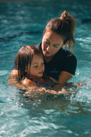 A swim instructor guides a child through a beginner stroke in a clear pool, offering gentle support and professional instruction. The setting is calm and encouraging.の素材
