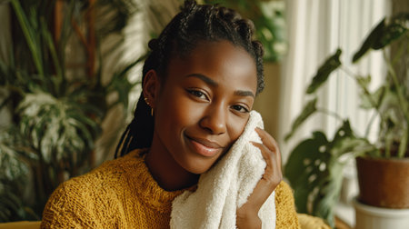 A young woman with braided hair smiles softly while holding a white towel to her face. She wears a golden yellow pullover in a bright, cozy living room filled with plants.の素材