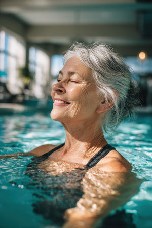 A senior woman smiles while performing gentle water exercises in a sunlit therapy pool. Her relaxed expression highlights wellness and movement, promoting a healthy lifestyle.の素材