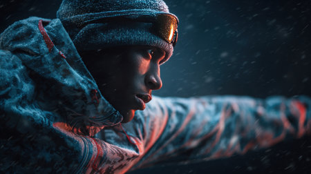 A professional athlete stretches in high-performance winter gear as snow falls gently. The image features cool lighting and sharp details, capturing the essence of winter sports.の素材