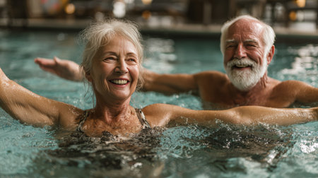 A joyful elderly couple engages in synchronized aqua stretching in a wellness center pool, smiling and bonding through movement. The scene captures happiness and active aging.の素材