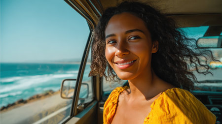 A young woman with curly hair and a radiant smile drives along a coastal road. She wears a casual yellow summer dress, with the ocean visible through the car window, embodying a travel lifestyle.の素材