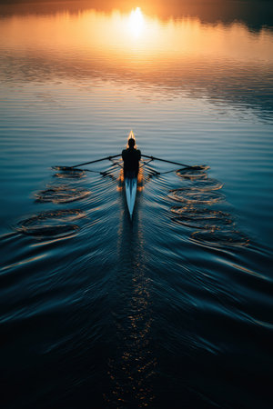 A rower is captured from behind, training on calm water at sunrise. The scene highlights symmetry and ripples, emphasizing the athlete's competitive determination.の素材
