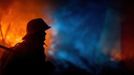 A French firefighter is silhouetted against a glowing fire, with a soft tricolor flag overlay. The image captures cinematic elegance and realism, highlighting bravery and national pride.の素材