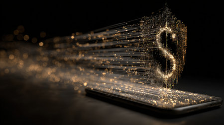 A digital scene depicting data streams in currency symbol shapes flowing into a smartphone. A glowing security shield in the background symbolizes encrypted mobile transactions.の素材