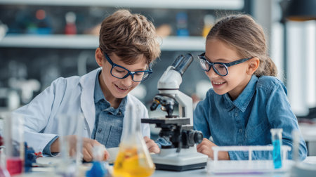 Two students engage in a science project using a microscope and chemistry kit in a bright, modern classroom. The image captures teamwork and learning in a realistic educational setting.の素材