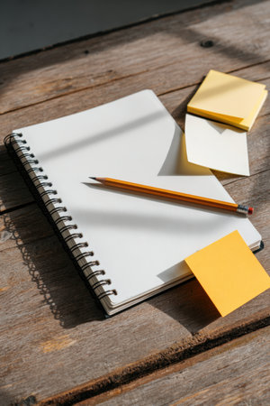 Realistic mockup featuring an open spiral notebook, sticky notes, and a pencil on a wooden table. Natural shadows create a warm, inviting atmosphere for creative projects.の素材