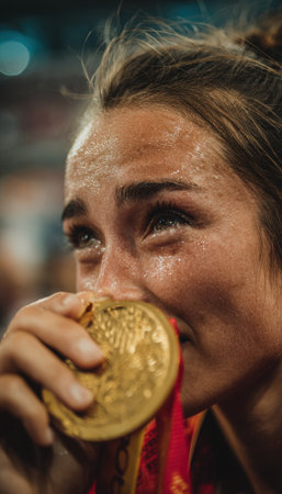 Close-up of a woman holding a gold medal, tears in her eyes, capturing an emotional victory moment. The blurred stadium background adds to the intensity of the scene.の素材