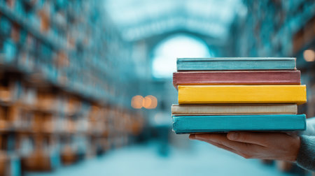 Hands holding a colorful stack of schoolbooks with a blurred library background. The image has a modern commercial look with space for text overlay, ideal for educational themes.の素材