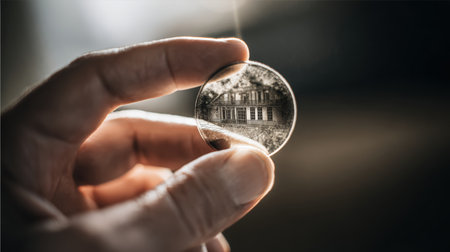 A photorealistic image depicting a hand holding a transparent coin that reflects a home, symbolizing clarity in budgeting. The high contrast lighting enhances the metaphorical concept.の素材