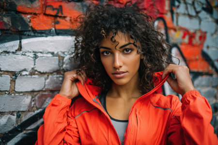 A sporty woman with curly hair adjusts her fitness jacket while standing in front of a vibrant graffiti wall, exuding a strong and dynamic city vibe.の素材