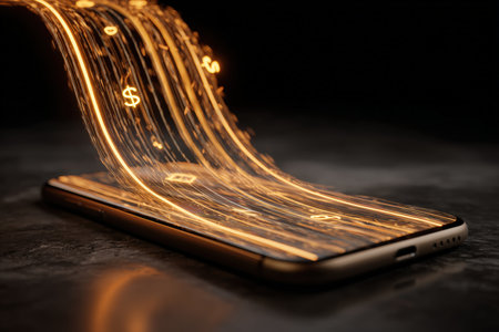 A photorealistic image depicting a phone screen splitting into glowing streams, symbolizing digital payments for rent, food, savings, and loans, illustrating modern financial management.の素材