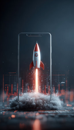 Concept art depicting a small rocket emerging from a smartphone screen, symbolizing startup growth and digital transformation with a cinematic glow effect.の素材