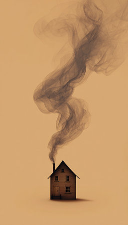 Silhouette of a small house with chimney smoke seamlessly blending into a flowing structure on a warm beige background. This conceptual image evokes warmth and coziness.の素材