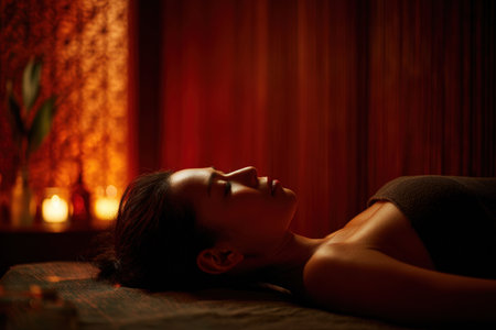 A serene spa setting featuring a woman resting on a massage table, enveloped in soft warm lighting. The ambiance is enhanced by aromatherapy elements, creating a wellness-focused atmosphere.の素材