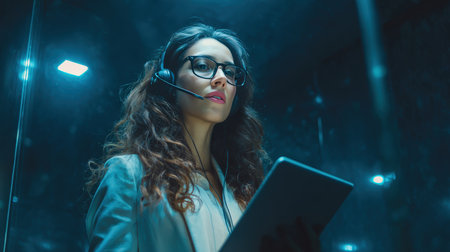 A professional woman in a futuristic office uses a digital tablet and headset. The scene features a minimal aesthetic with cool lighting, emphasizing a high-tech and modern atmosphere.の素材