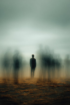 A person stands still in a field surrounded by motion blur smoke figures, symbolizing calmness amidst chaos. The neutral background enhances the concept of mindfulness and stress reduction.の素材